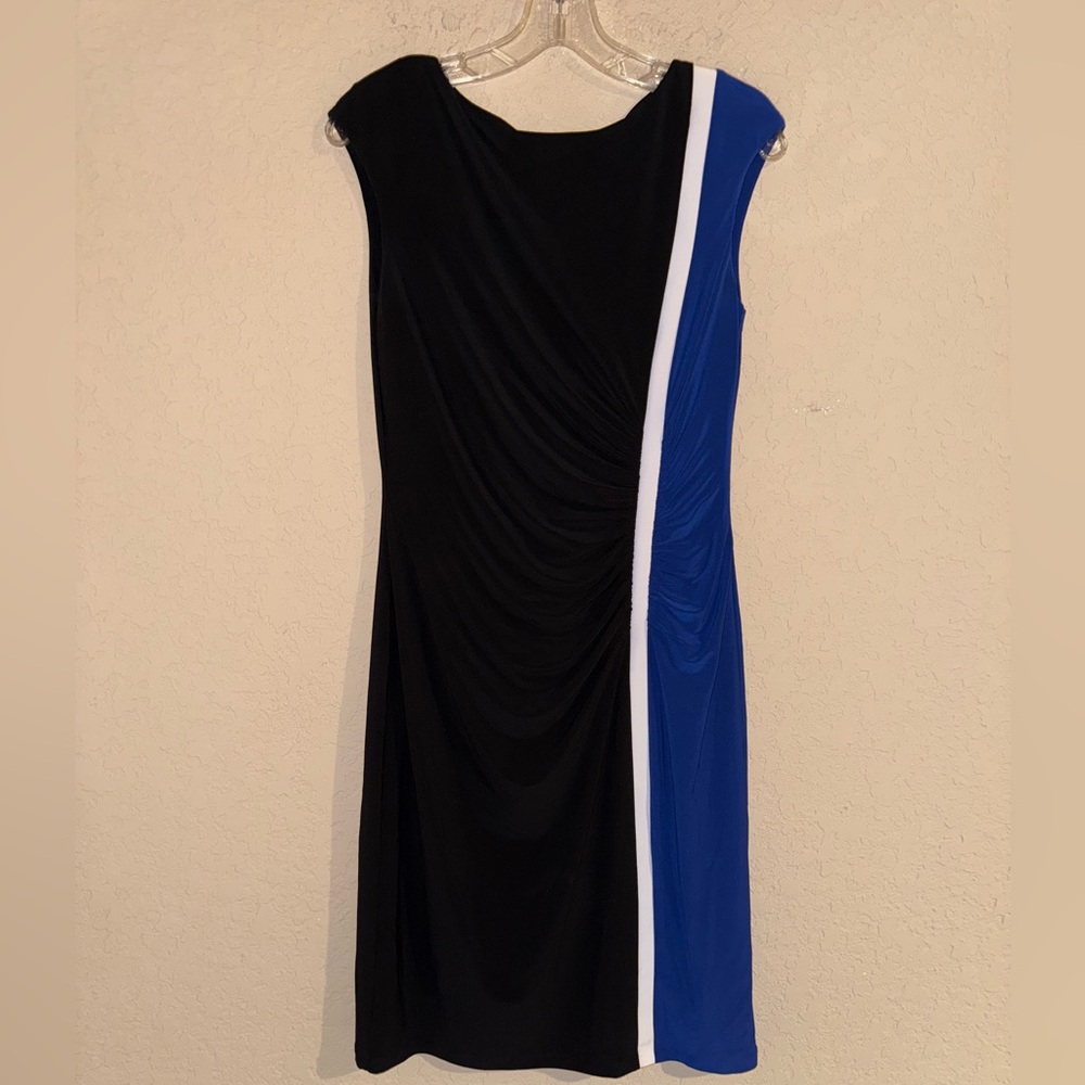 Stunning Ralph Lauren Black Blue and White Asymmetrical Sheath Dress Cocktail